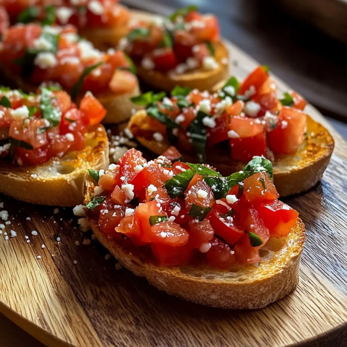 Bruschetta recipe showing toasted bread slices topped with fresh diced tomatoes basil and white cheese on wooden cutting board