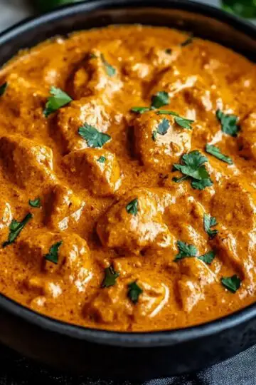 Butter chicken simmering in rich creamy orange tomato curry sauce with tender chicken pieces garnished with fresh cilantro in black cast iron pan