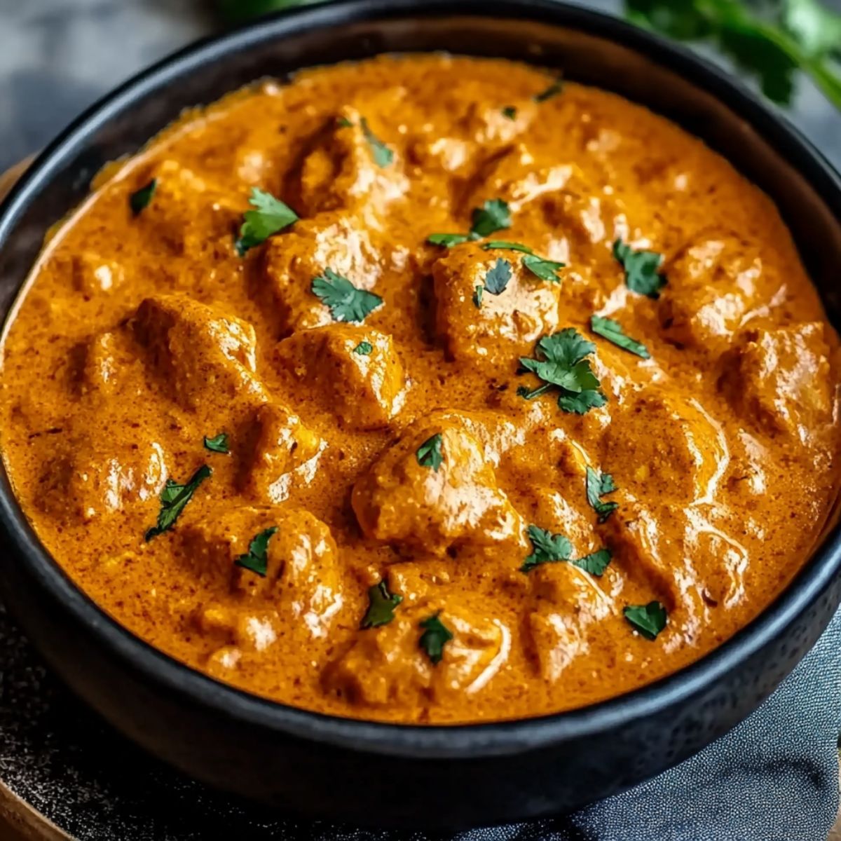 Butter chicken simmering in rich creamy orange tomato curry sauce with tender chicken pieces garnished with fresh cilantro in black cast iron pan