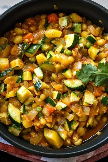 Calabacitas recipe showing colorful Mexican squash dish with zucchini, corn, tomatoes and cilantro in black cast iron skillet on wooden table
