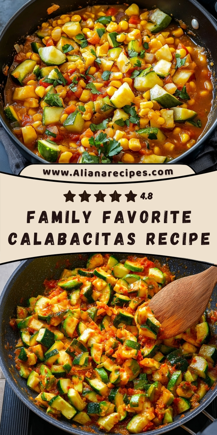 Calabacitas recipe Pinterest pin showing family favorite Mexican squash dish with 4.8 star rating, featuring colorful zucchini and corn in cast iron skillet with wooden spoon
