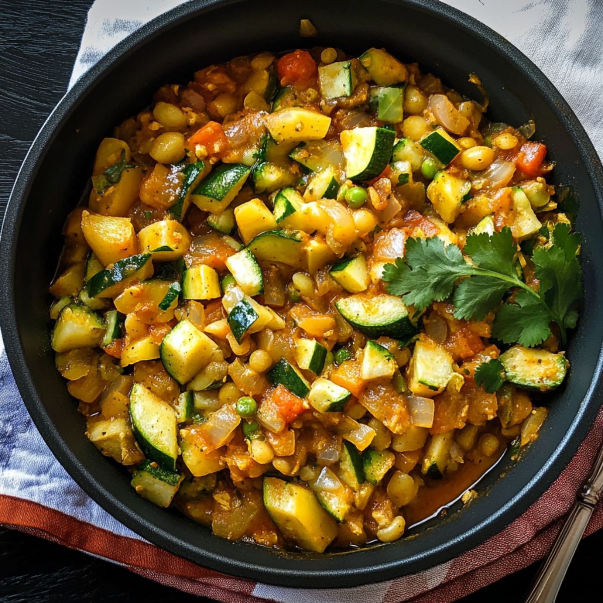 Calabacitas recipe showing colorful Mexican squash dish with zucchini, corn, tomatoes and cilantro in black cast iron skillet on wooden table