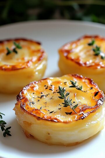 Cheesy mashed potato puffs arranged on white plate showing golden brown crispy exterior with melted cheese and fresh thyme garnish demonstrating perfect texture and presentation for leftover potato recipe