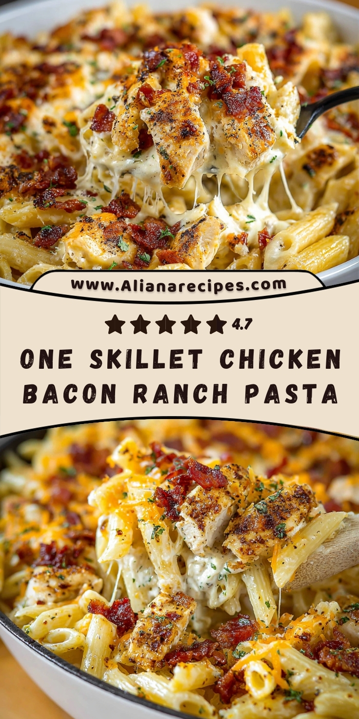 Chicken bacon ranch pasta recipe Pinterest pin showing one skillet creamy pasta with stretchy melted cheese, crispy bacon bits, tender chicken and fresh herbs for ultimate comfort food dinner