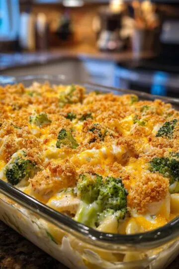 Chicken Broccoli Casserole: A delicious, cheesy chicken and broccoli casserole in a glass baking dish, fresh from the oven, with a crispy golden-brown topping.