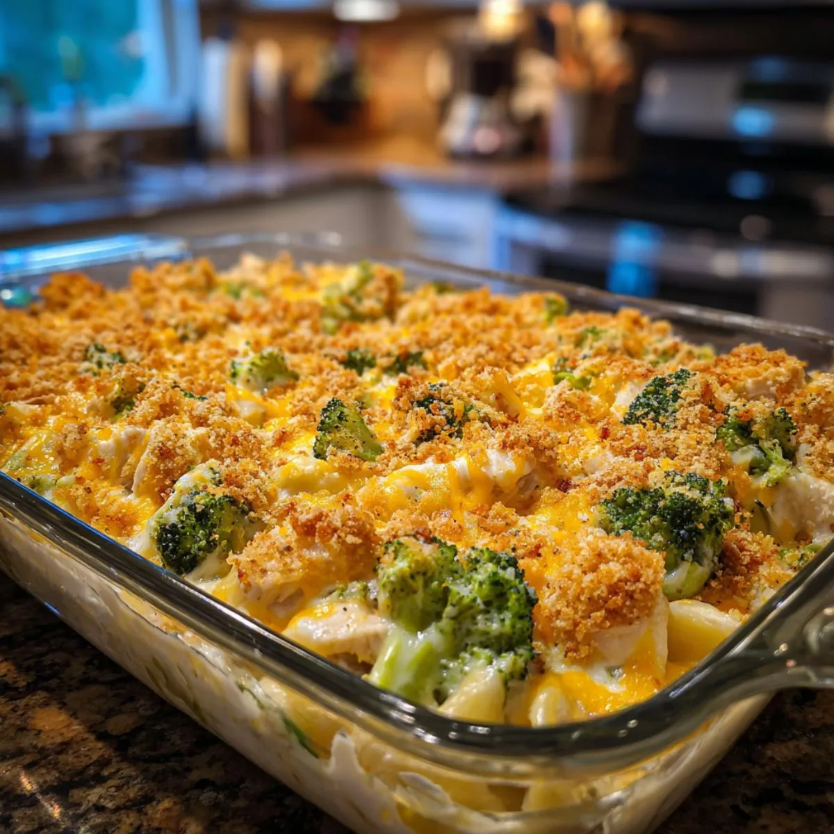 Chicken Broccoli Casserole: A delicious, cheesy chicken and broccoli casserole in a glass baking dish, fresh from the oven, with a crispy golden-brown topping.