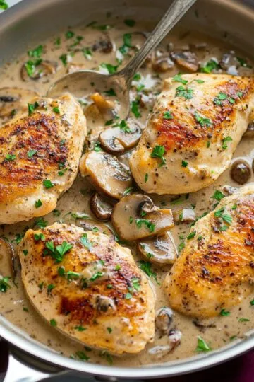 Chicken marsala in stainless steel skillet showing golden-brown seared chicken breasts in creamy Marsala wine sauce with sautéed mushrooms and fresh parsley garnish displaying restaurant-quality Italian cuisine presentation