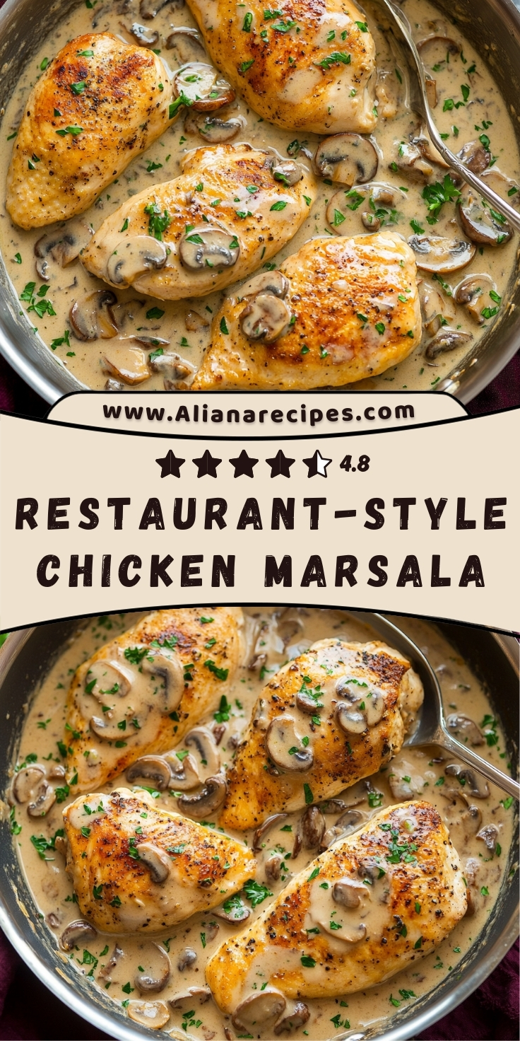 Chicken marsala Pinterest pin showing restaurant-style golden chicken breasts in creamy Marsala wine sauce with mushrooms, fresh parsley garnish and website branding with 4.8-star rating overlay text displaying elegant Italian cuisine results