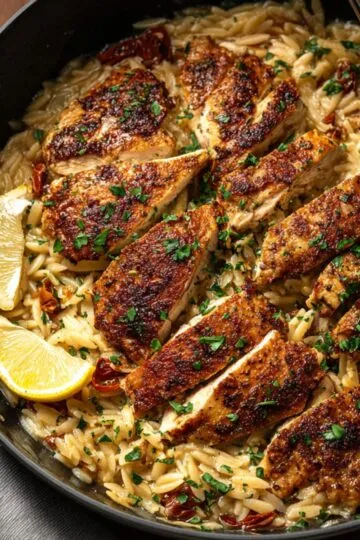 Chicken orzo in cast iron skillet showing golden-brown seared chicken thighs over creamy orzo pasta with sun-dried tomatoes, fresh lemon wedges and chopped parsley displaying perfect one-pan weeknight dinner presentation