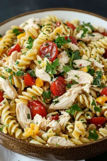 Chicken pasta salad with fusilli pasta, grilled chicken pieces, halved cherry tomatoes, fresh parsley, and herbs mixed together in a large wooden serving bowl