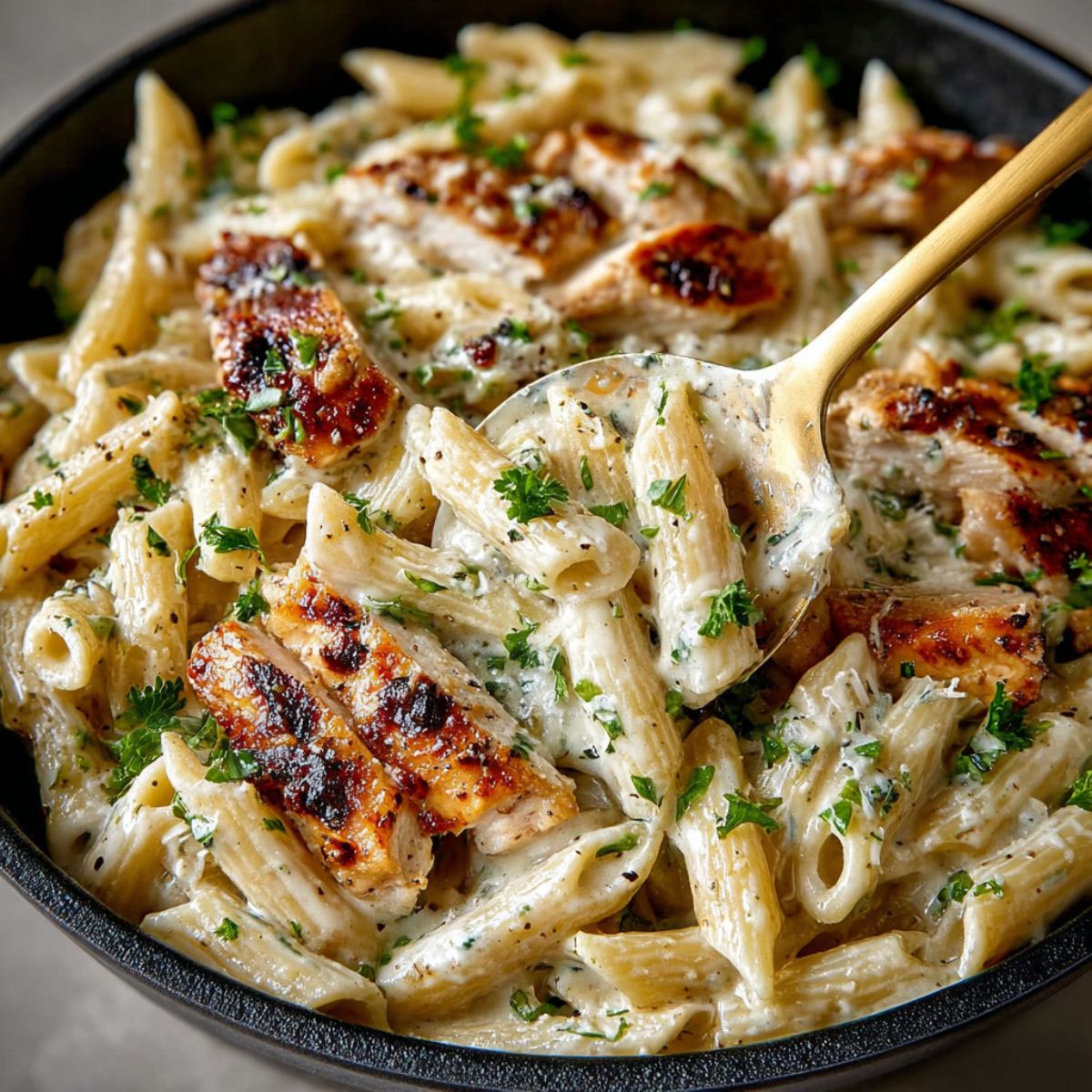 A creamy chicken penne pasta in a black skillet, topped with sliced grilled chicken and fresh parsley. A golden spoon is scooping up the pasta.