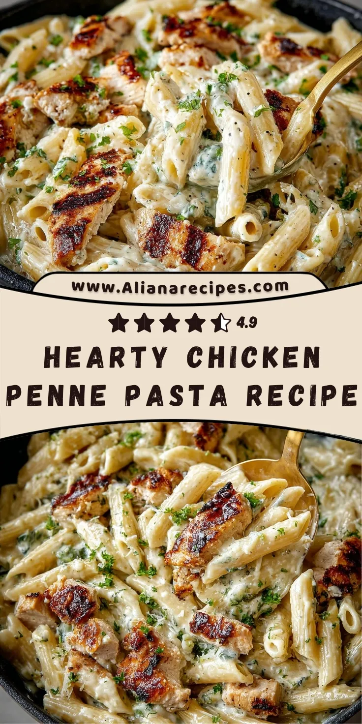 A two-panel Pinterest pin featuring a skillet of creamy chicken penne pasta with grilled chicken and parsley. The upper panel shows the website
