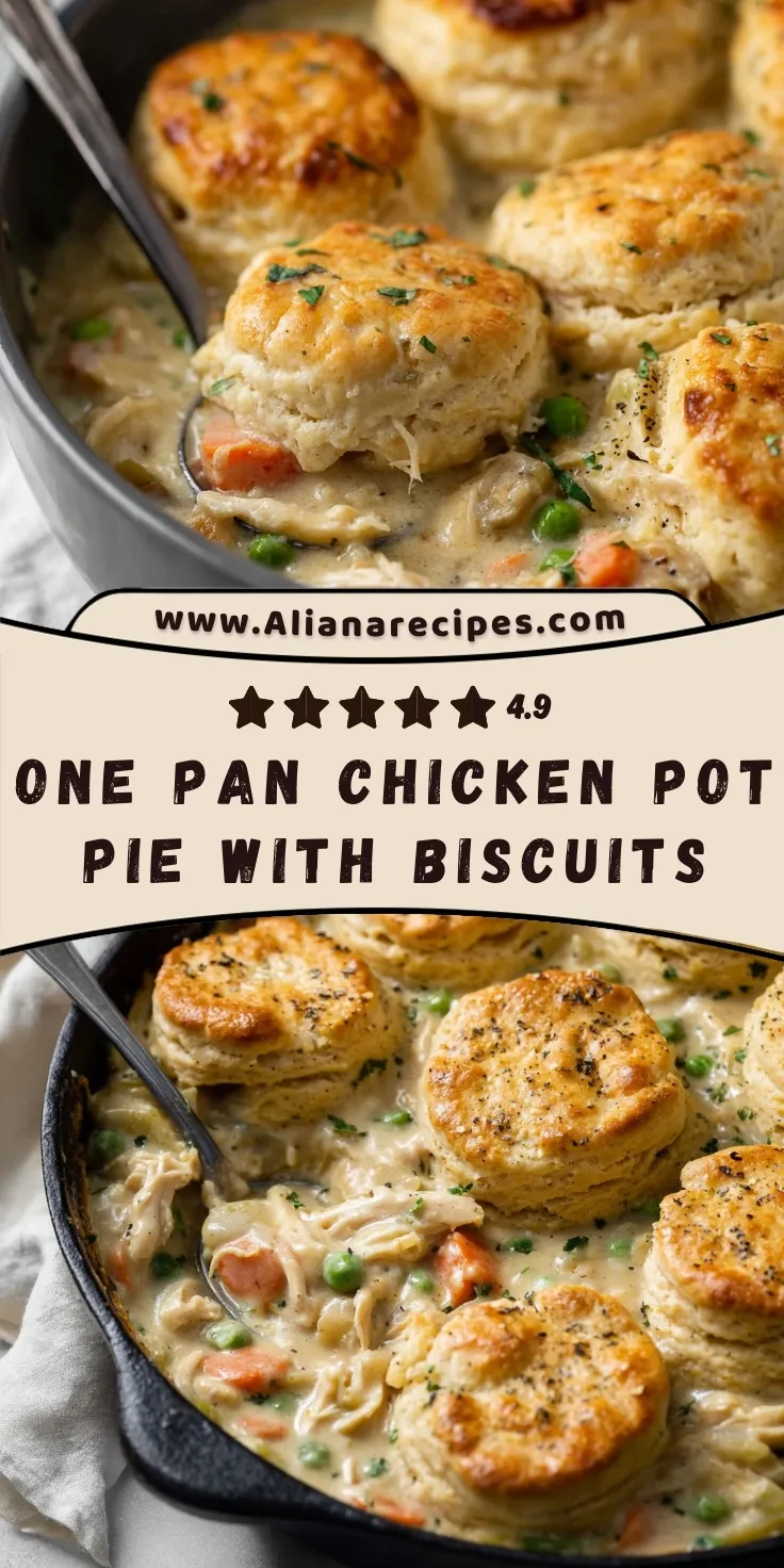 Chicken pot pie with biscuits in a cast iron skillet showing golden brown flaky biscuits on top of creamy chicken and vegetable filling with carrots, peas, and fresh herbs visible in the bubbling sauce