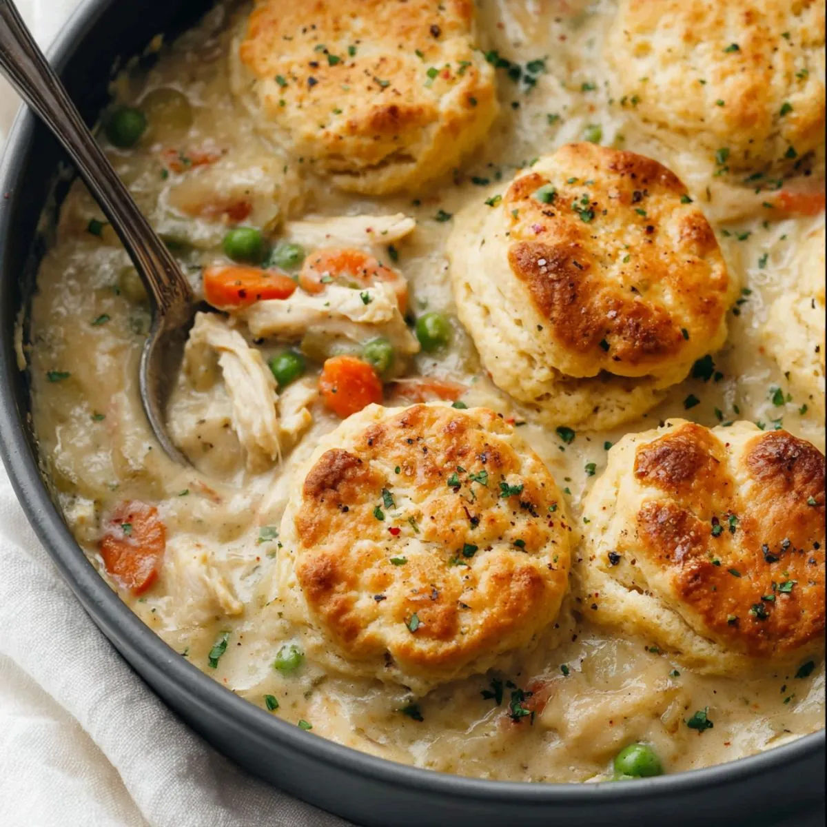 Chicken pot pie with biscuits in a cast iron skillet showing golden brown biscuits on top of creamy chicken and vegetable filling with fresh herbs sprinkled on top