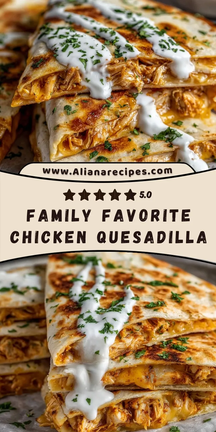 Chicken quesadilla recipe cut into triangles showing melted cheese and shredded chicken with sour cream drizzle and cilantro garnish displaying 5.0 star rating