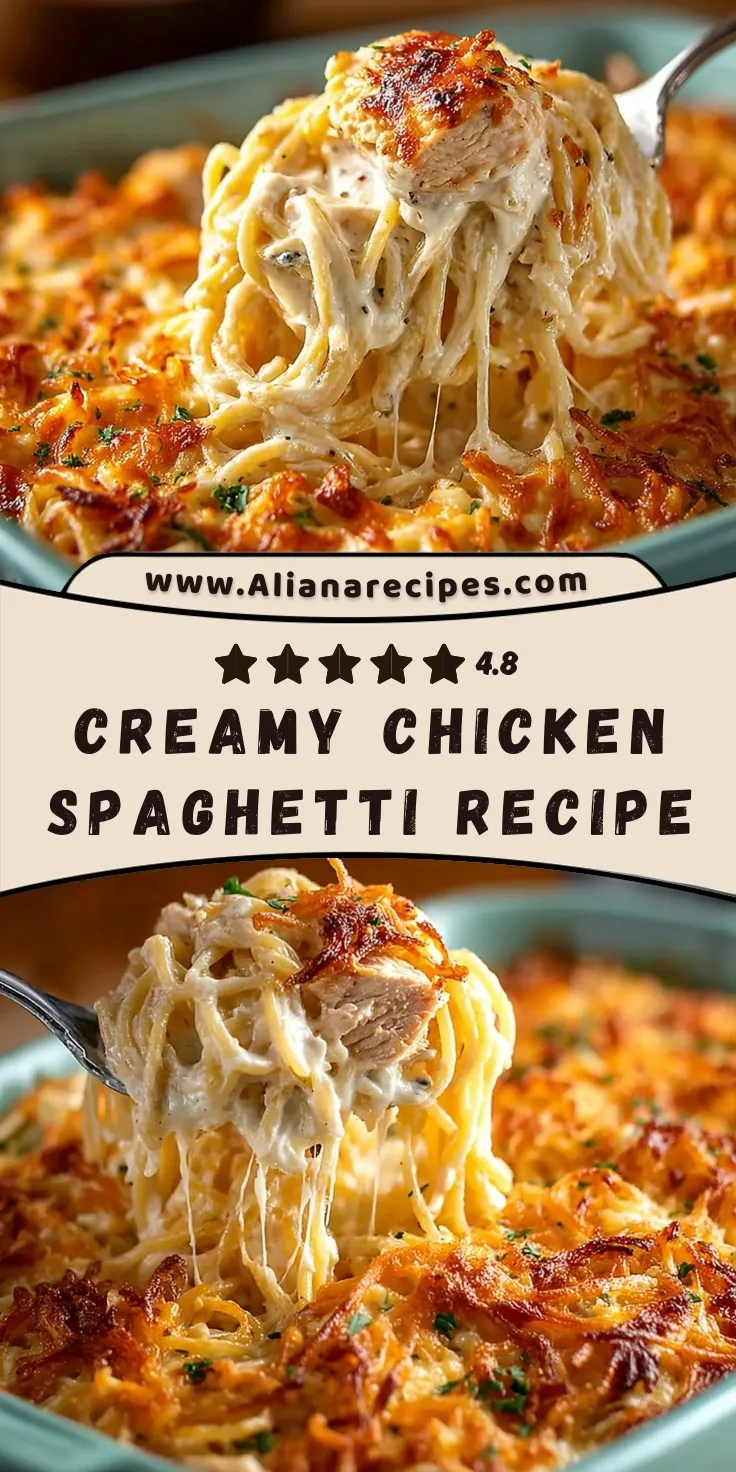 Chicken spaghetti recipe Pinterest pin showing creamy casserole with stretchy melted cheese, tender chicken pieces and golden spaghetti noodles being lifted with serving spoon for ultimate comfort food dinner