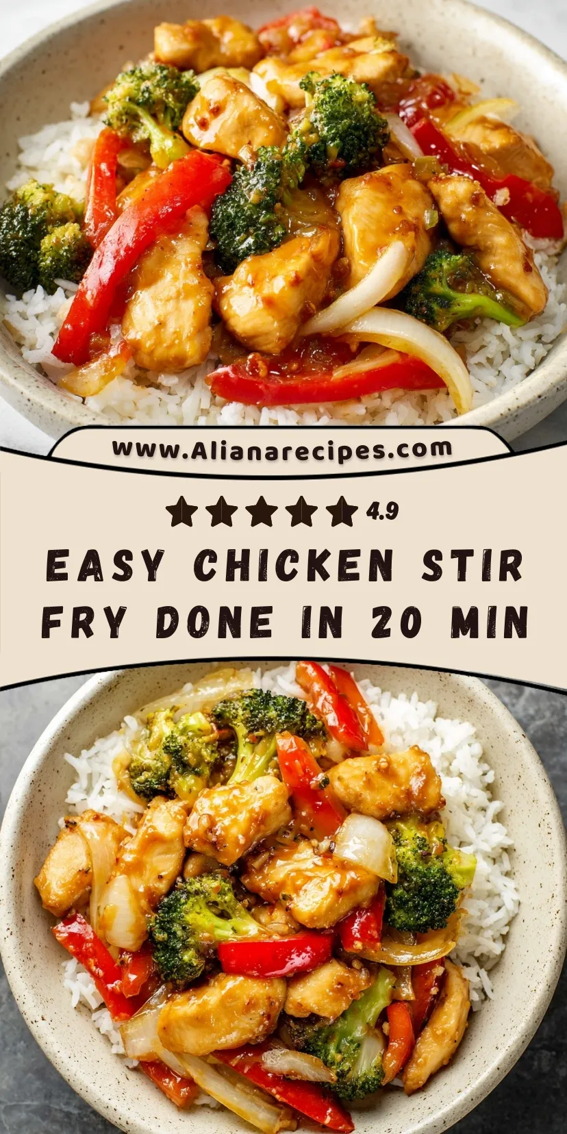Chicken stir fry recipe with tender chicken pieces, broccoli, red bell peppers over steamed rice showing 4.9 star rating and 20-minute preparation time