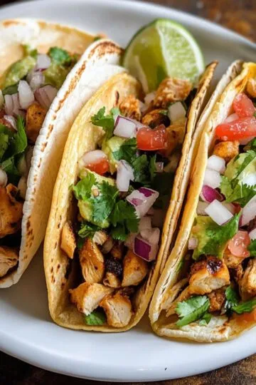 Chicken tacos on white plate showing golden seasoned chicken pieces in corn tortillas topped with fresh cilantro, diced red onions, tomatoes, and lime wedges displaying authentic street taco presentation and colorful fresh ingredients