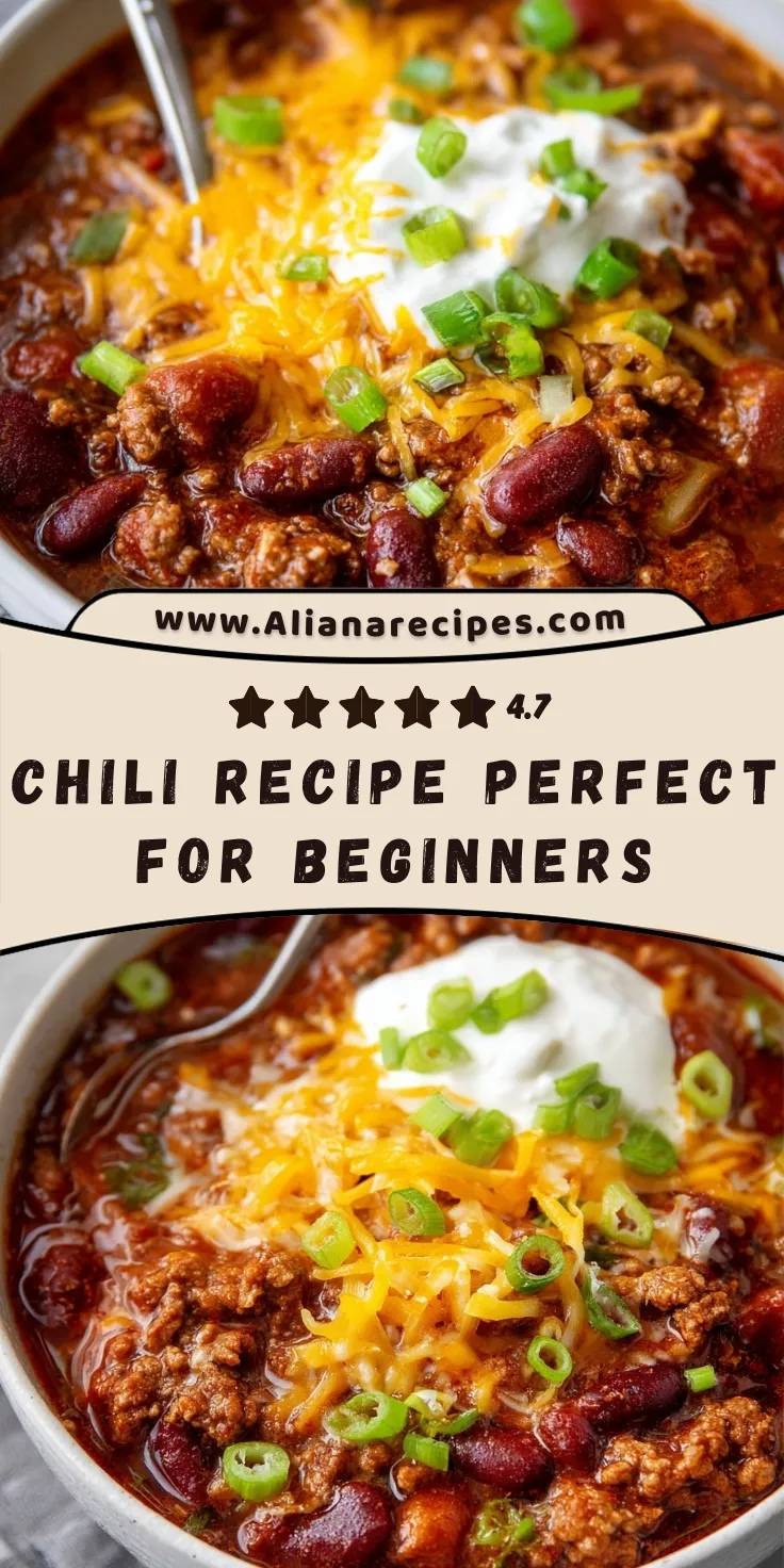 Chili recipe in bowl with kidney beans, ground beef, melted cheese, sour cream, and green onions showing 4.7 star rating perfect for beginners