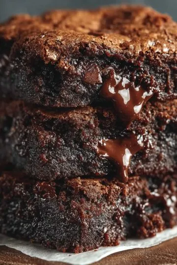 Chocolate brownies recipe showing stack of fudgy homemade brownies with gooey chocolate center and glossy top for ultimate dessert treats