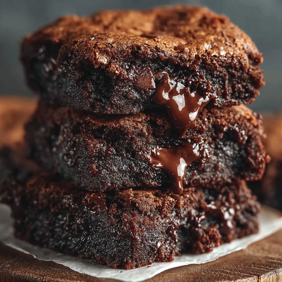 Chocolate brownies recipe showing stack of fudgy homemade brownies with gooey chocolate center and glossy top for ultimate dessert treats