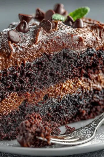 chocolate cake, a close-up photo of a slice of moist, rich chocolate cake with chocolate frosting and chocolate chips on top.