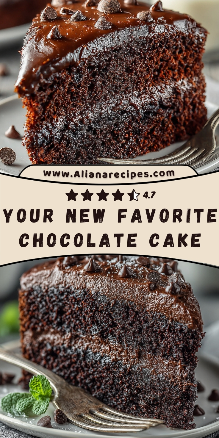 chocolate cake recipe, a close-up photo of a slice of moist, rich chocolate cake with chocolate frosting and chocolate chips on top.