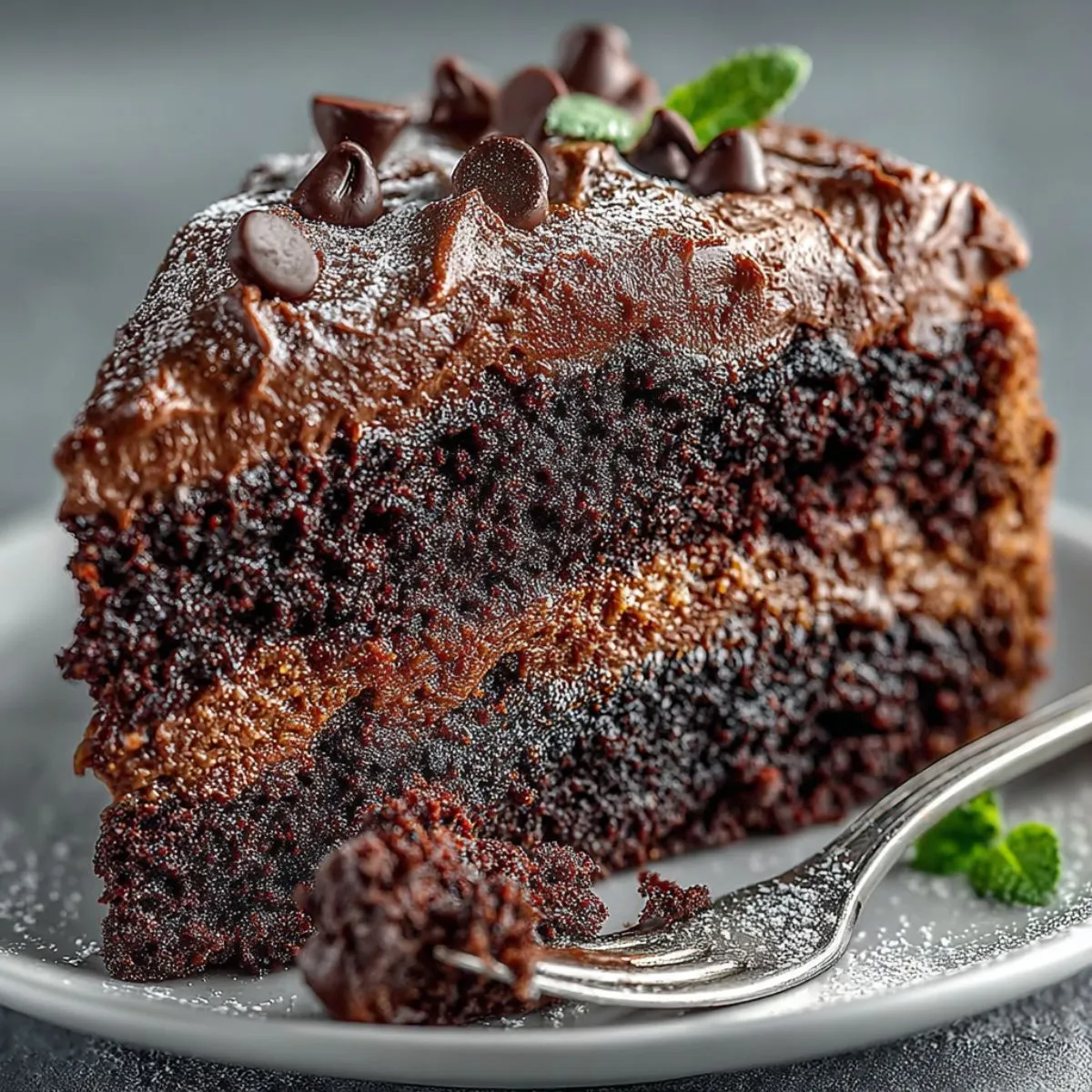 chocolate cake, a close-up photo of a slice of moist, rich chocolate cake with chocolate frosting and chocolate chips on top.