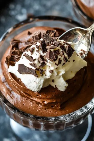 Chocolate mousse recipe in elegant glass bowl topped with whipped cream and dark chocolate shavings with silver spoon
