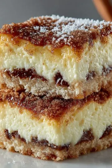 Churro cheesecake bars stacked showing creamy cheesecake filling with cinnamon sugar coating on top and graham cracker crust, cut into squares - no bake Mexican dessert