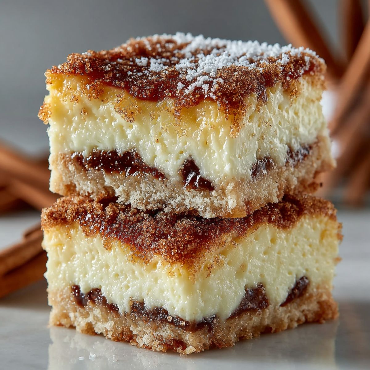 Churro cheesecake bars stacked showing creamy cheesecake filling with cinnamon sugar coating on top and graham cracker crust, cut into squares - no bake Mexican dessert
