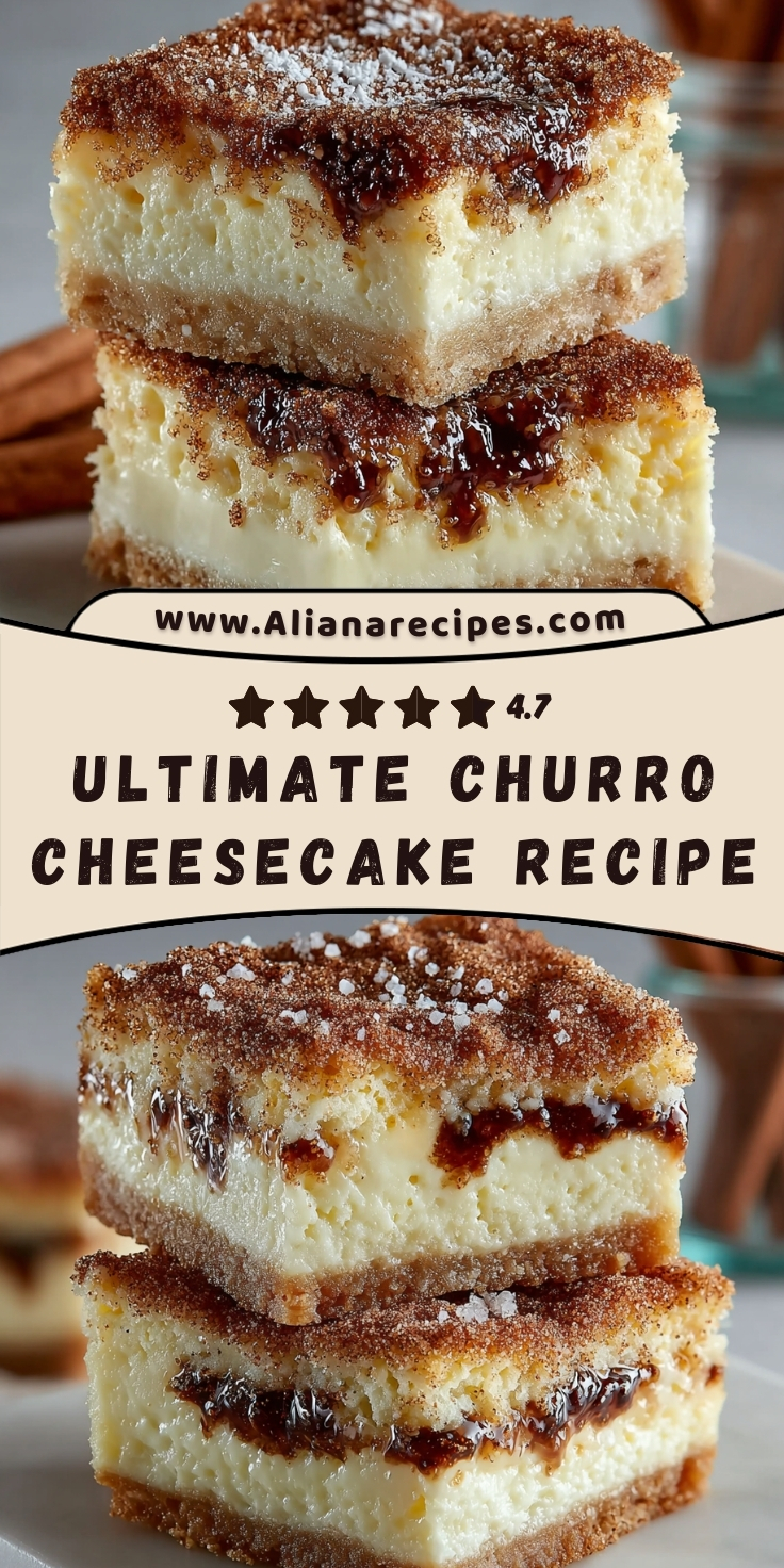 Churro cheesecake recipe showing stacked bars with creamy cheesecake filling, cinnamon sugar topping, and caramel drizzle - Pinterest pin design with 4.7 star rating and website branding for ultimate no-bake Mexican dessert
