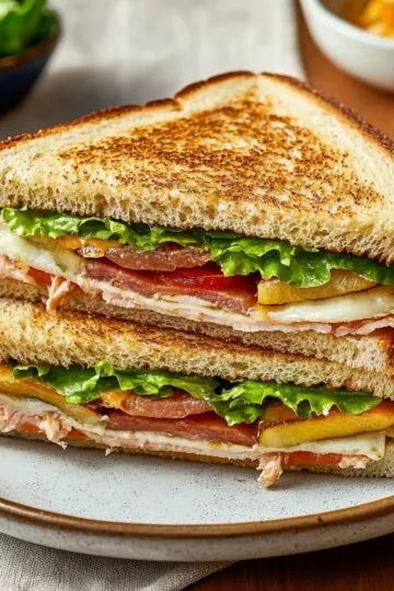 Club sandwich recipe with crispy bacon, turkey, lettuce and tomato layers on toasted bread, cut diagonally and served on a white plate - classic diner style sandwich