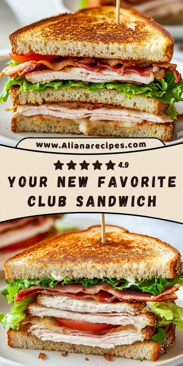 Club sandwich recipe with multiple layers of turkey, crispy bacon, lettuce and tomato on toasted bread, secured with toothpicks, showing cross-section view - Pinterest pin design with 4.9 star rating and website branding