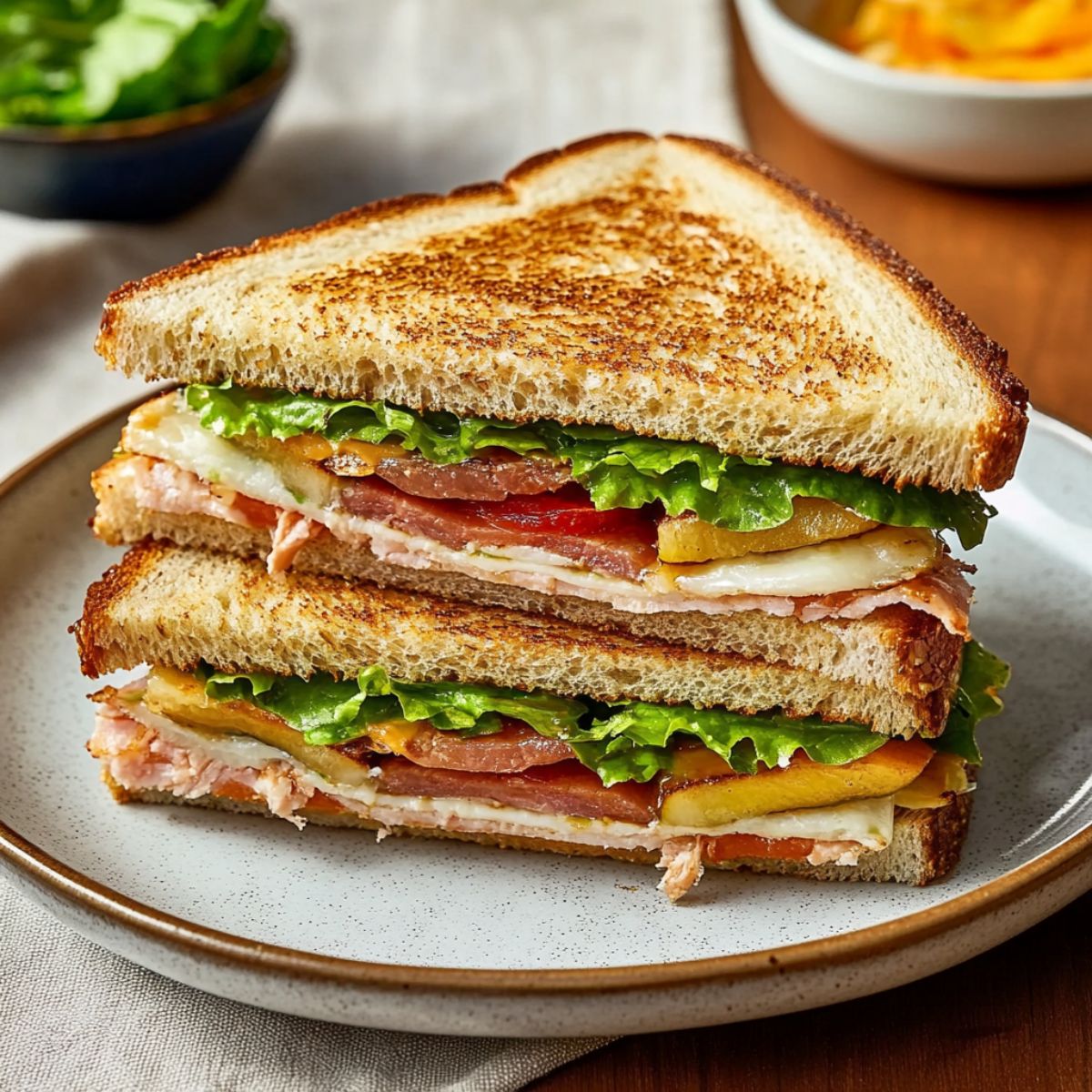 Club sandwich recipe with crispy bacon, turkey, lettuce and tomato layers on toasted bread, cut diagonally and served on a white plate - classic diner style sandwich