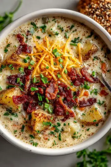 Crockpot potato soup recipe in white bowl with loaded bacon bits, melted cheddar cheese, green onions and black pepper served with crusty bread for creamy comfort food dinner