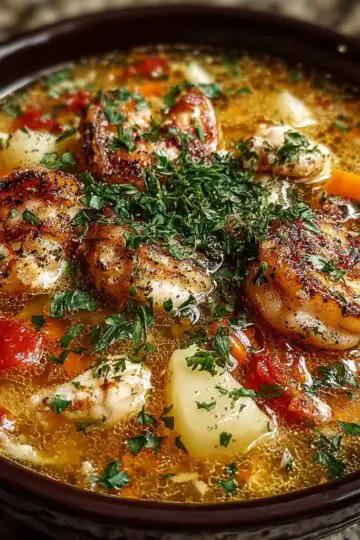 Crockpot soup recipe in slow cooker with golden seared sausages, tender potatoes, carrots, bell peppers and fresh herbs in rich savory broth for easy comfort food dinner