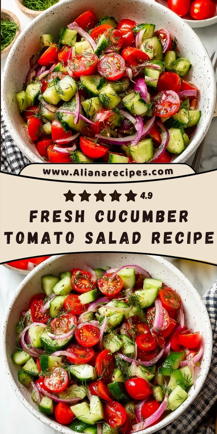 Cucumber tomato salad recipe in white speckled bowls with fresh dill, red onion, cherry tomatoes showing 4.9 star rating