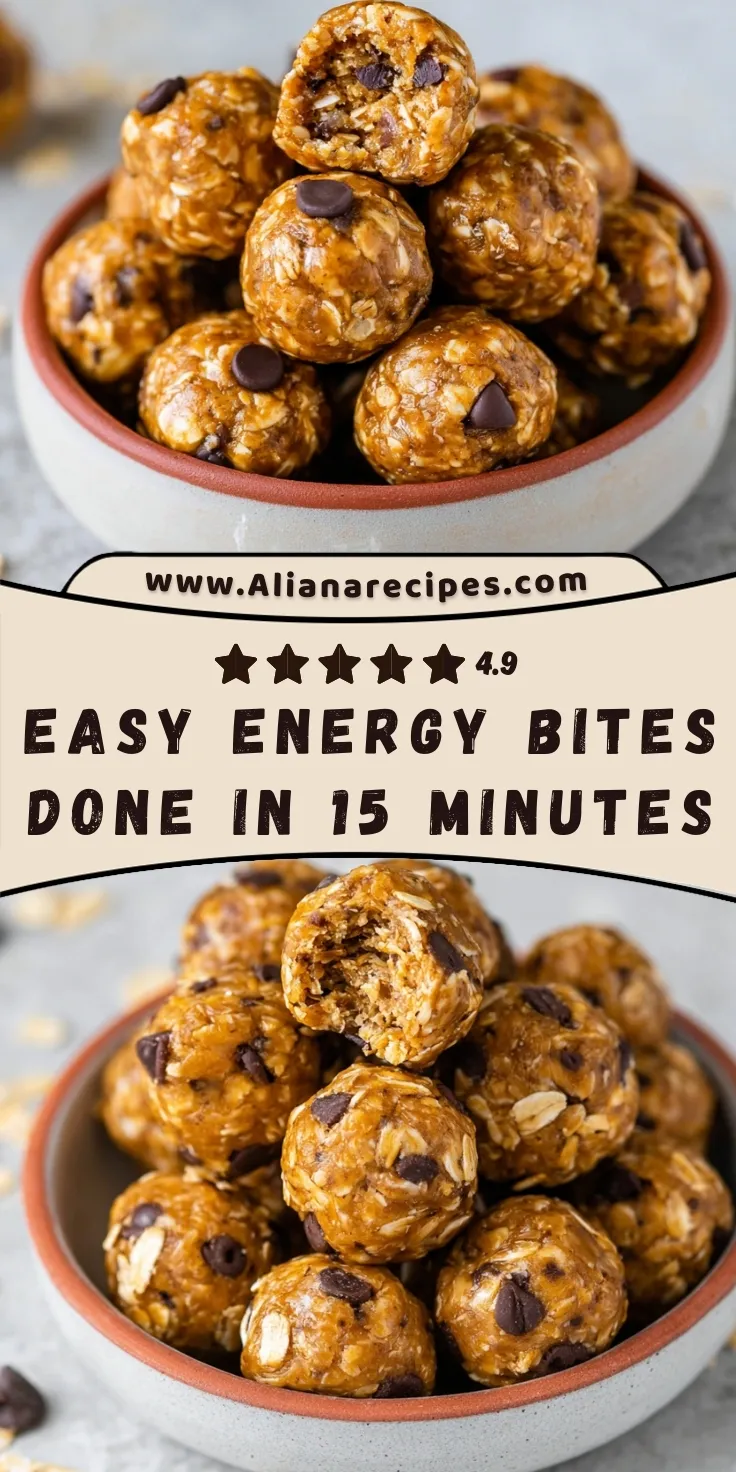Energy bites recipe in ceramic bowl with chocolate chips and oats showing 4.9 star rating and 15-minute preparation time