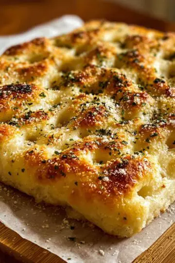 Focaccia bread recipe showing golden brown dimpled surface with herbs, olive oil, and flaky sea salt on parchment paper
