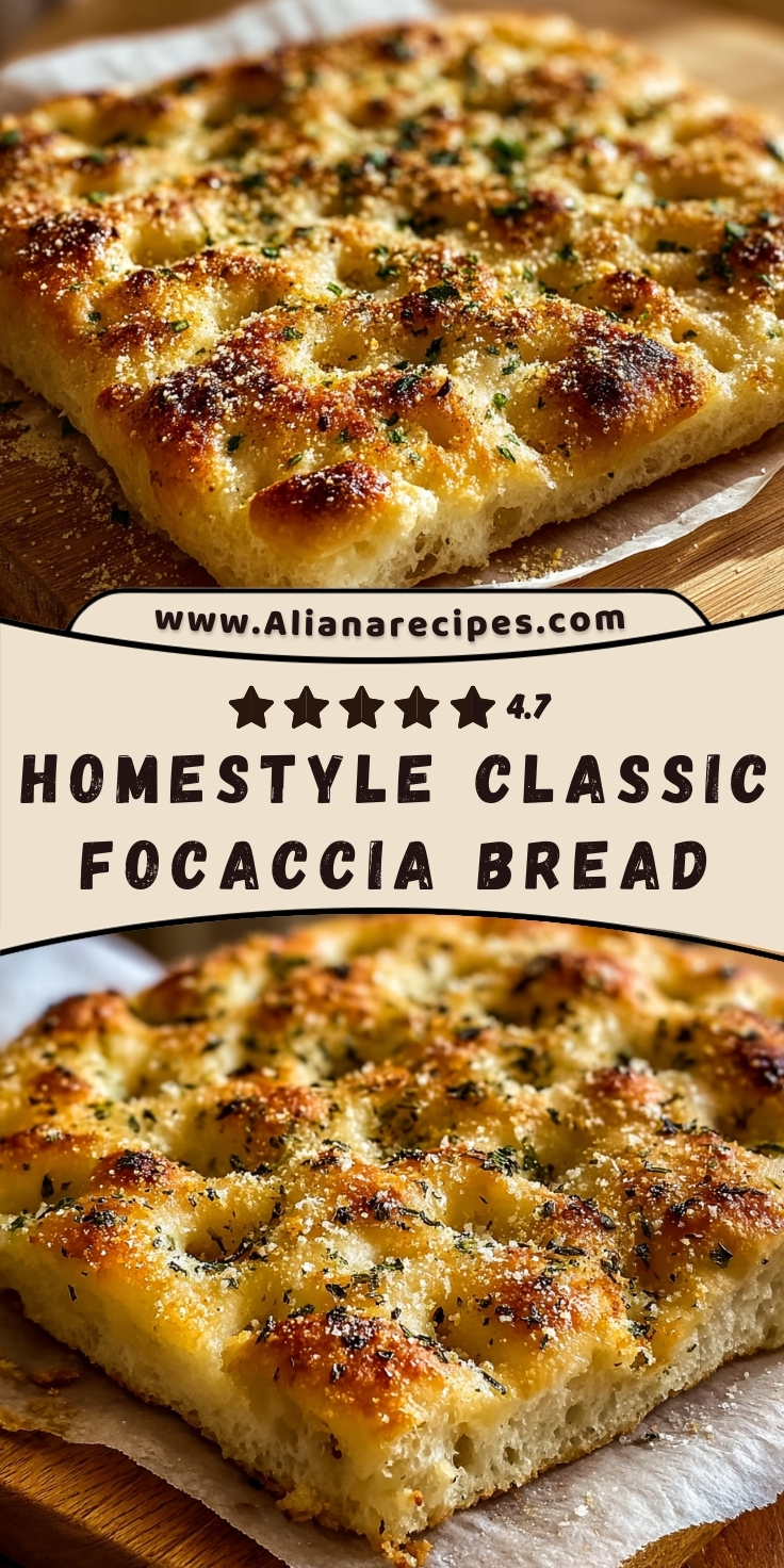 Focaccia bread recipe showing golden brown dimpled surface with herbs and olive oil, displaying 4.7 star rating and homestyle classic styling