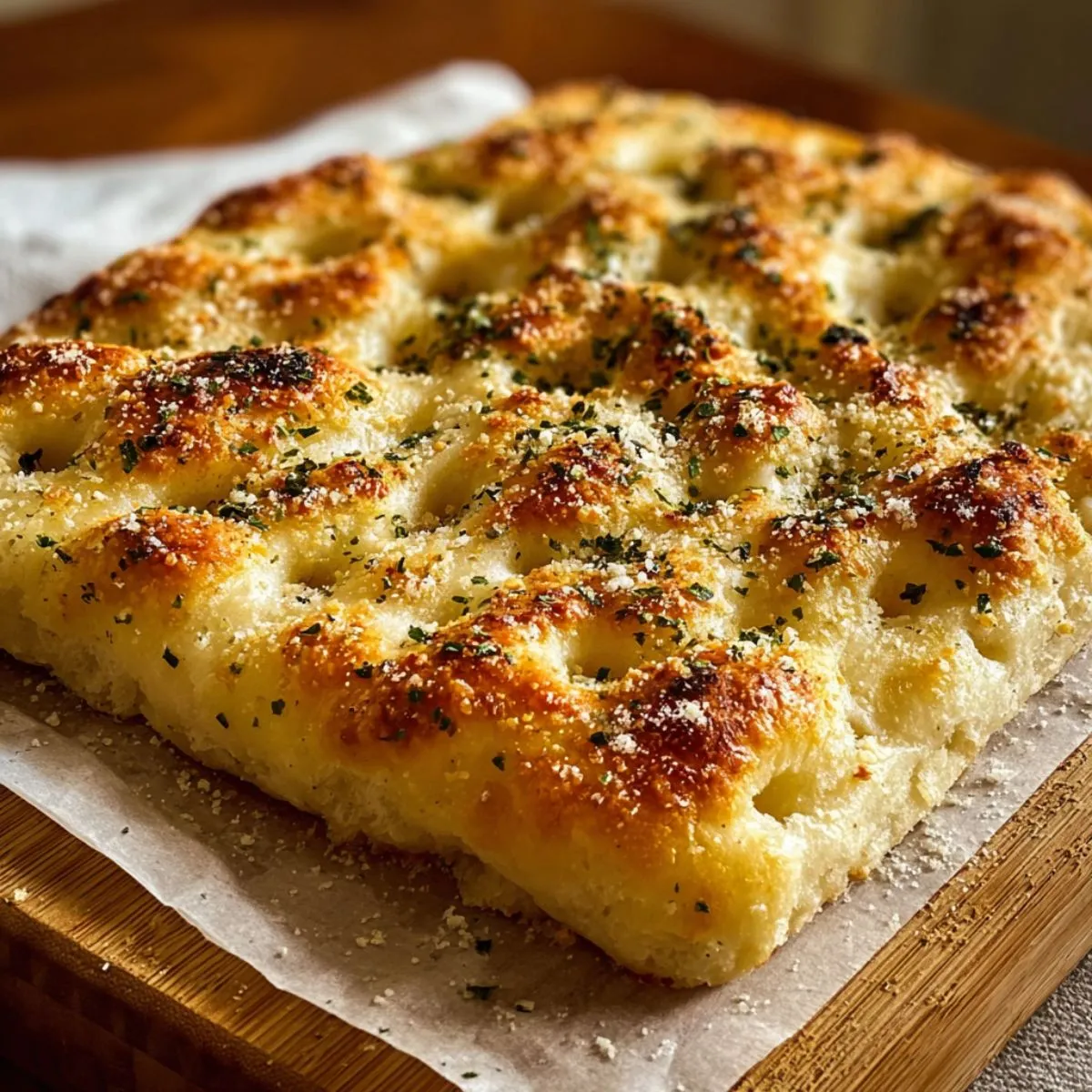 Focaccia bread recipe showing golden brown dimpled surface with herbs, olive oil, and flaky sea salt on parchment paper