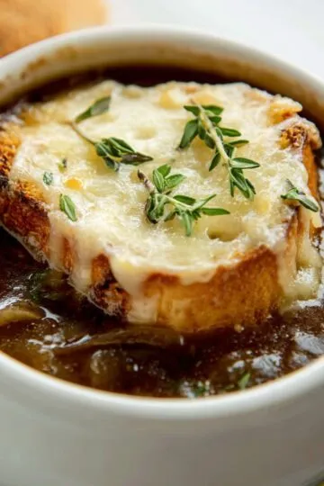 French onion soup recipe in white ceramic bowl with melted Gruyère cheese, toasted bread, and fresh thyme garnish