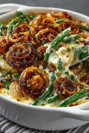 Green bean casserole recipe in white baking dish with golden crispy fried onions, fresh green beans and creamy mushroom sauce for classic Thanksgiving side dish