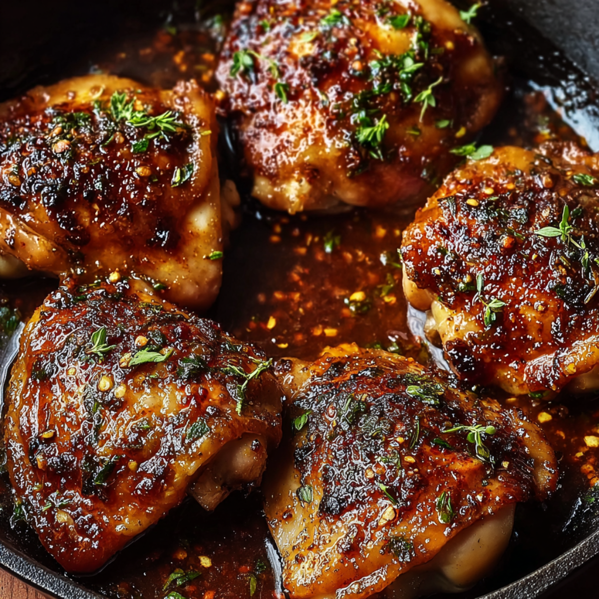 Honey garlic chicken pieces with glossy caramelized coating and fresh herbs in cast iron skillet