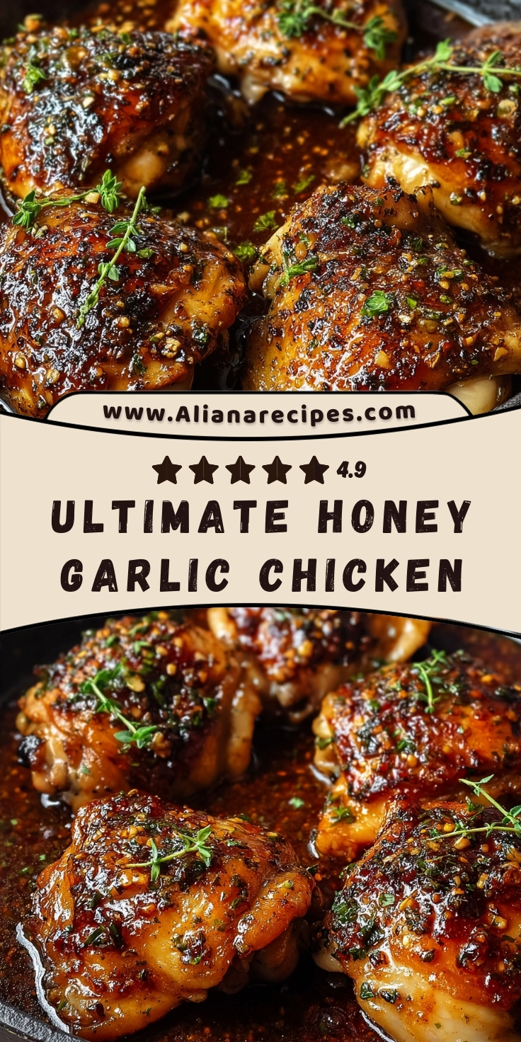 Honey garlic chicken thighs with glossy caramelized coating and fresh thyme in cast iron skillet showing 4.9 star rating