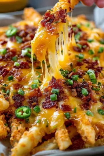 perfect loaded fries recipe with melted cheese, bacon bits, breaded fries, green onions, and jalapeño slices on a tray