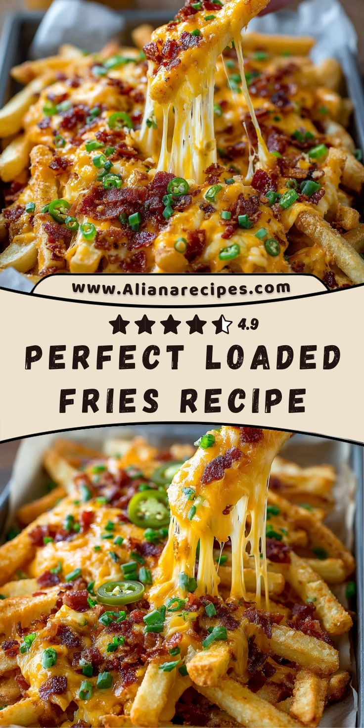 perfect loaded fries recipe with melted cheese, crispy bacon, green onions, and jalapeño slices served on a tray