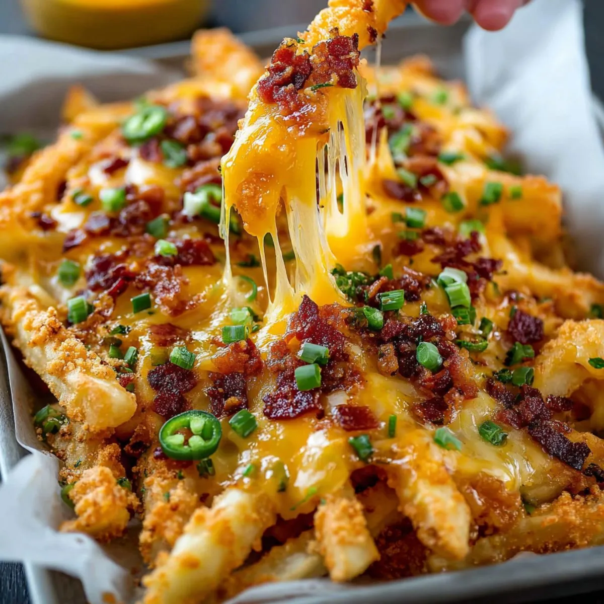 perfect loaded fries recipe with melted cheese, bacon bits, breaded fries, green onions, and jalapeño slices on a tray