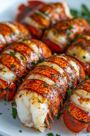 Lobster tails butterflied and baked with garlic butter seasoning and fresh herbs on white serving plate